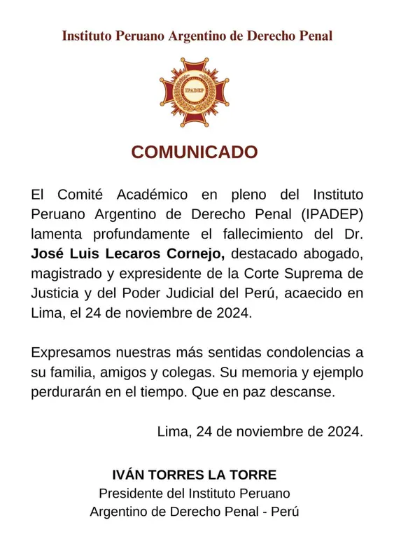 Documento original: Fallecimiento y homenaje al Dr. José Luis Lecaros Cornejo