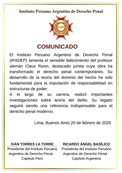 Documento original: Fallecimiento del profesor Claus Roxin