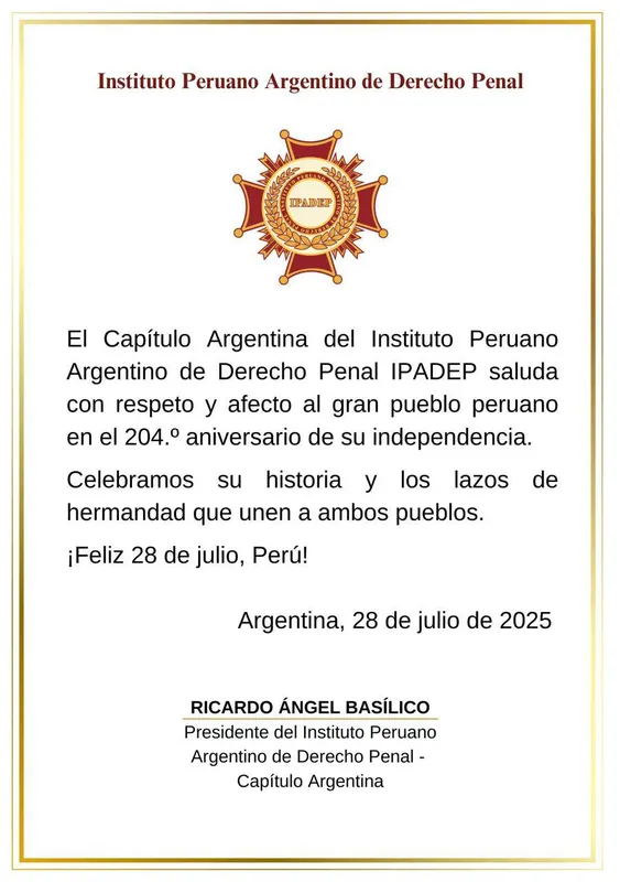Documento original: El Capítulo Argentina saluda al Perú en el 204.º aniversario de su independencia